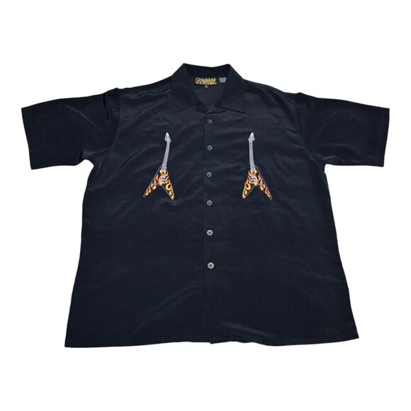 Vintage Dragonfly Shirt Mens XL Black Flaming Guitars 100% Polyester Y2K - Picture 1 of 4